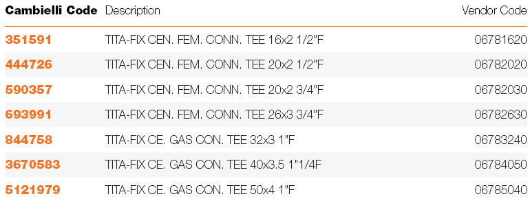 130 TITA-FIX CENTRAL FE. GAS CONNECTION TEE specifications