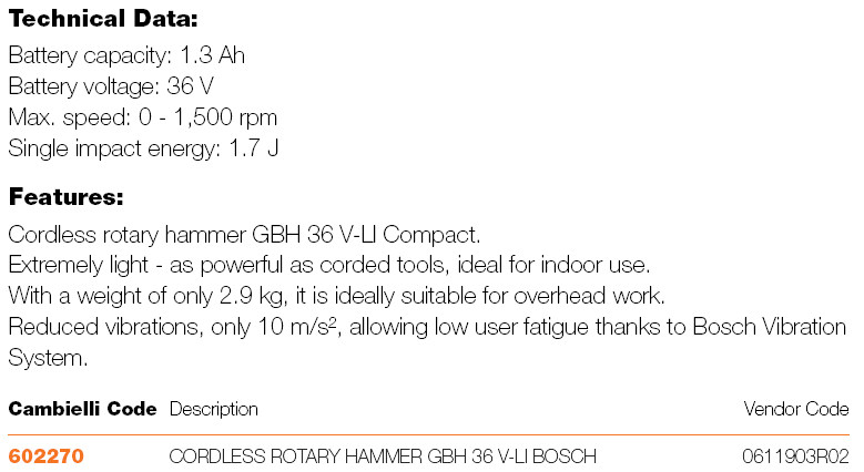 219 CORDLESS ROTARY HAMMER GBH 36 V-LI specifications