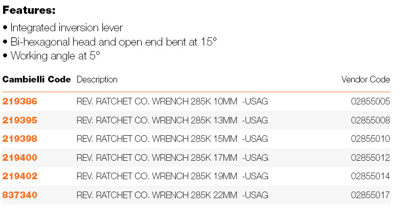 120 REV. RATCHET COMBINATION WRENCH 285K specifications