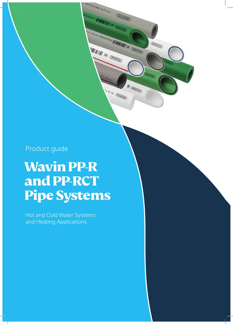 Cover of the Wavin PP-R and PP-RCT Pipe Systems product guide, showing green, white and grey pipes
