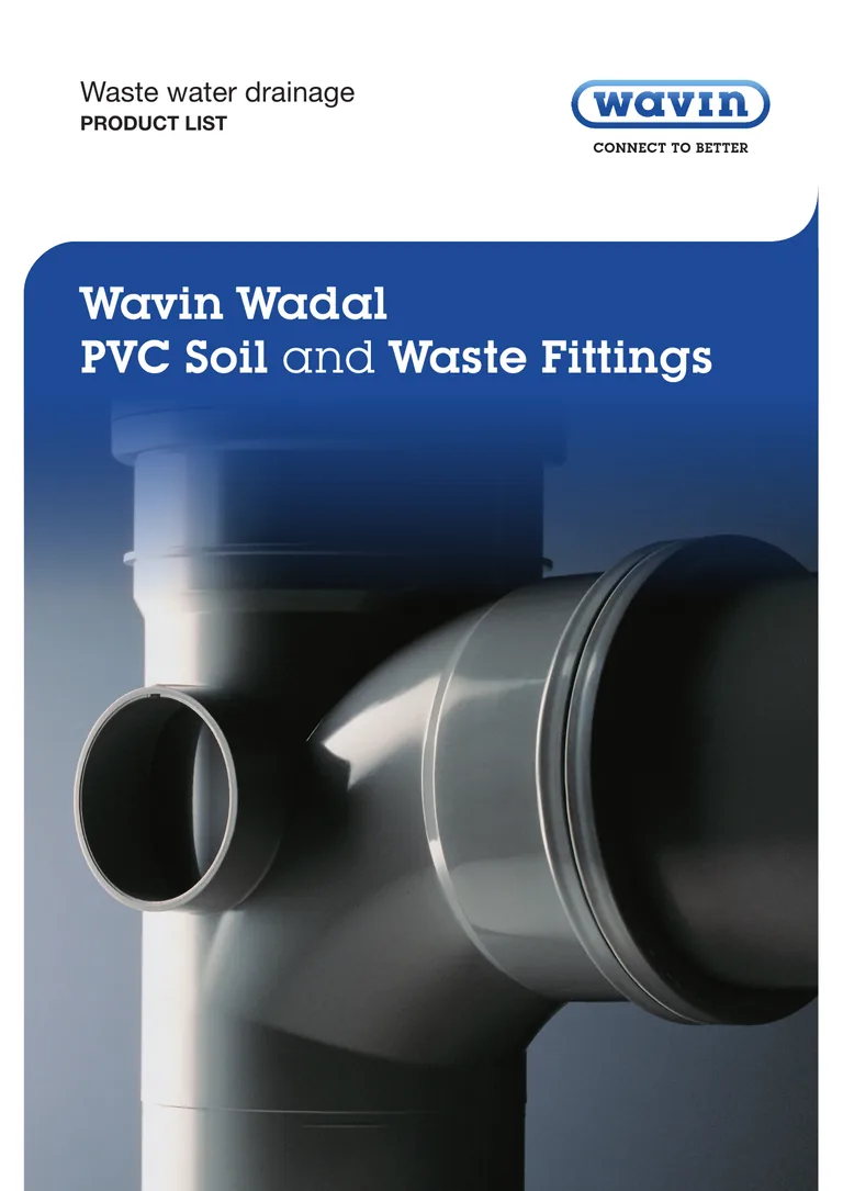 Cover of the Wavin Wadal PVC Soil and Waste Fittings product list, showing a grey PVC drainage fitting