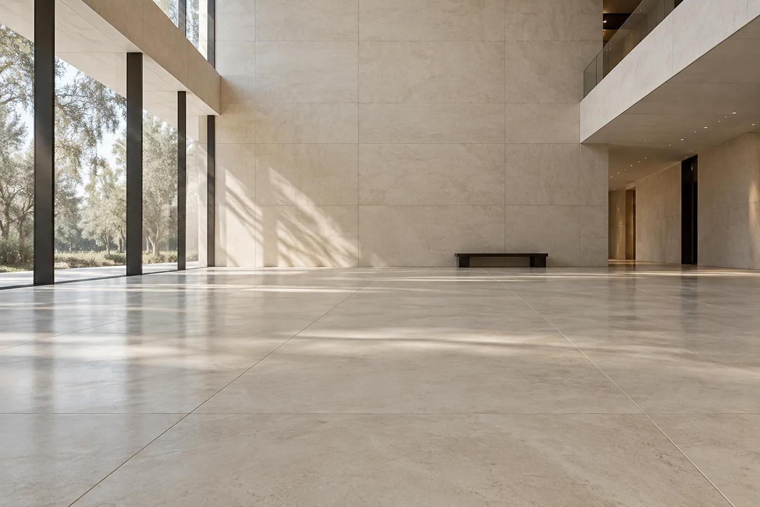 A vast double-height atrium with a pale limestone-look porcelain floor in an aligned rectangular grid, daylight from the left and a small dark bench far away