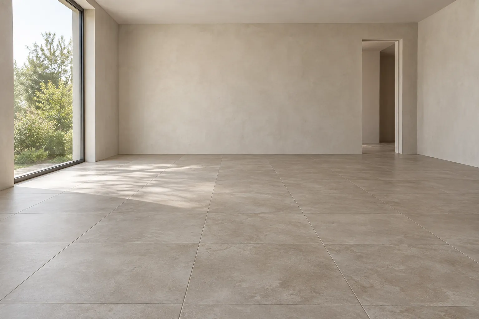 An empty pale room with a large window on the right and a square-laid porcelain floor