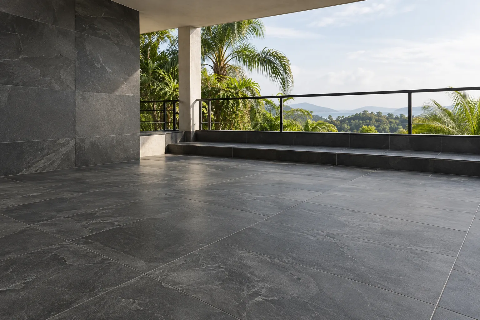A terrace with a dark slate-look porcelain floor, low planting and tropical light, the view beyond