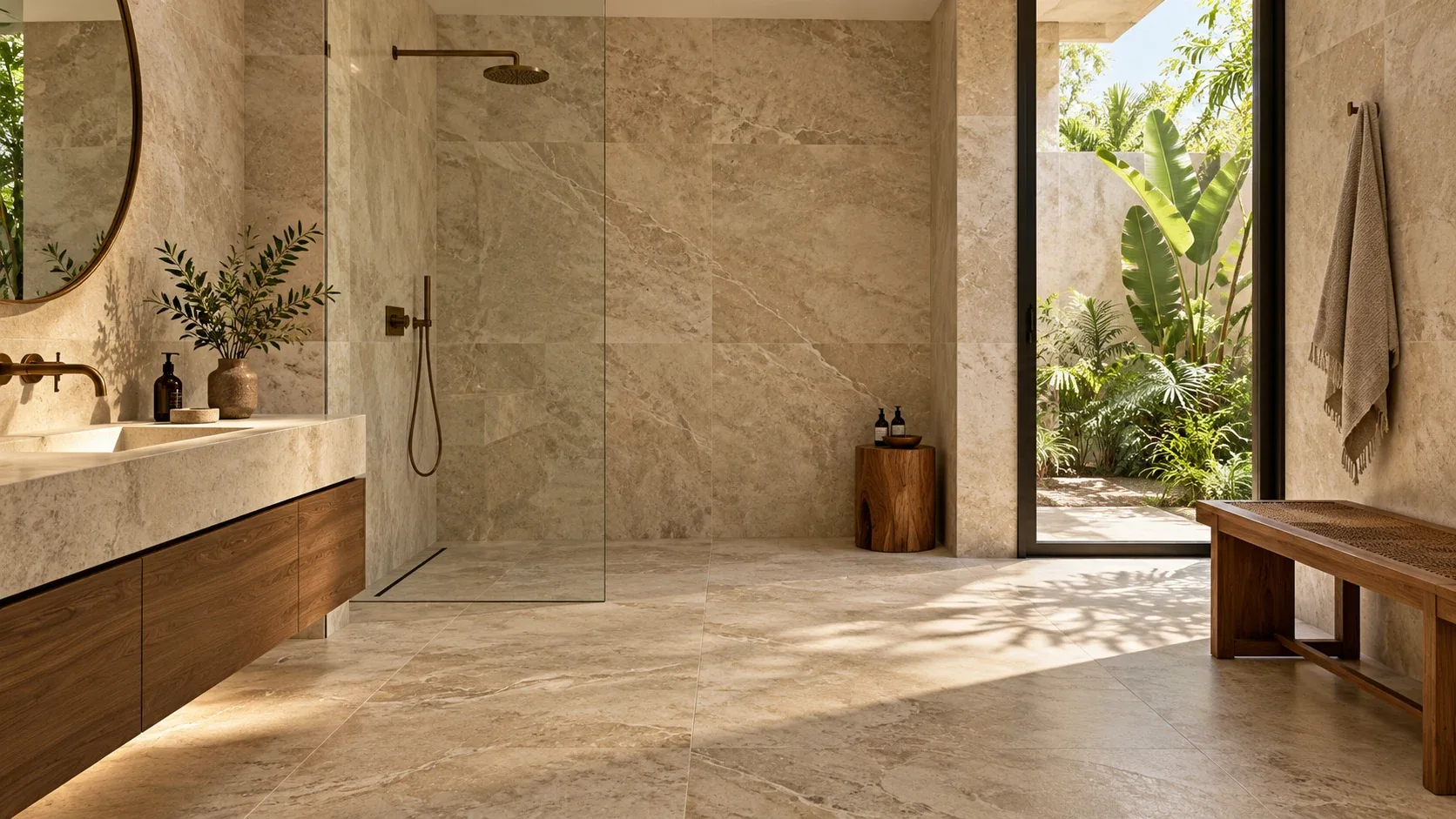 A contemporary bathroom with warm stone-look porcelain on the walls and the floor, a walk-in shower and a stone basin, daylight from a planted courtyard