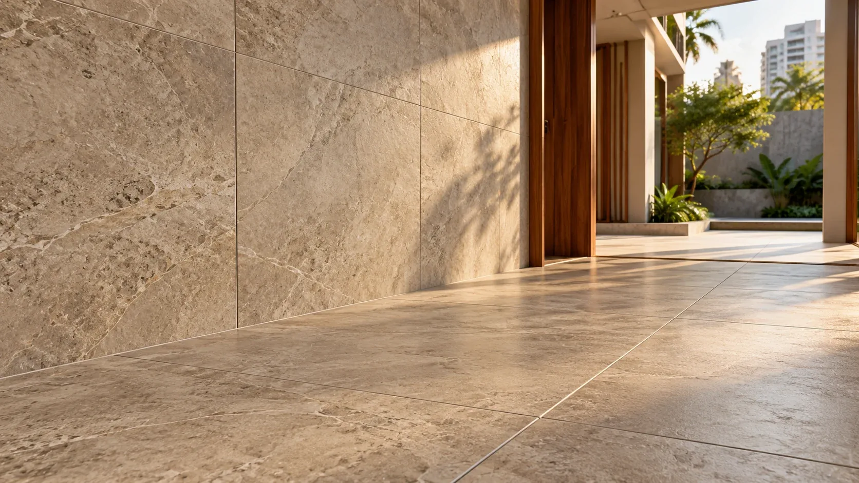 A close view of a warm stone-look large-format surface meeting the floor at a single grout line, raking daylight across the texture, a Lagos skyline hinted beyond the opening