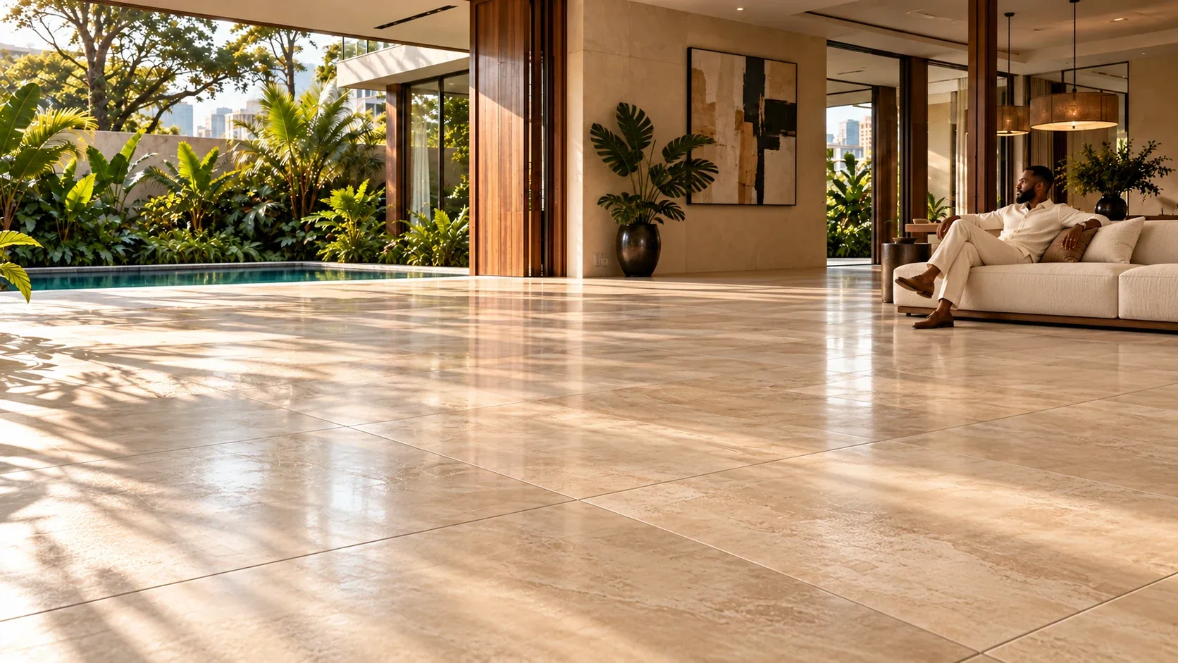 A broad, polished large-format stone-look tile floor filling a daylit Lagos living room that opens to a pool and skyline, a man seated in the room
