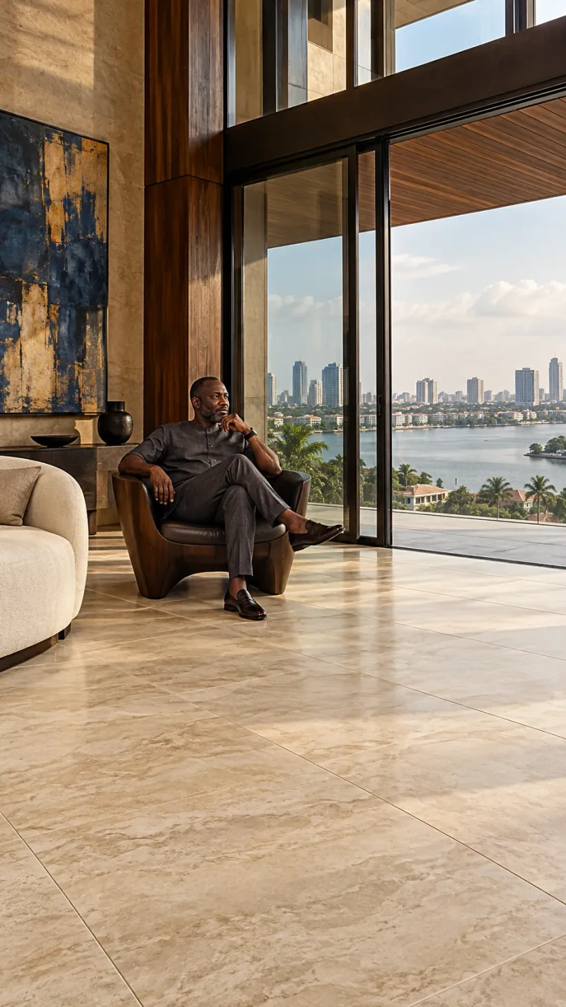 A man seated by floor-to-ceiling glass in a Lagos residence, a large-format stone-look floor and the lagoon beyond