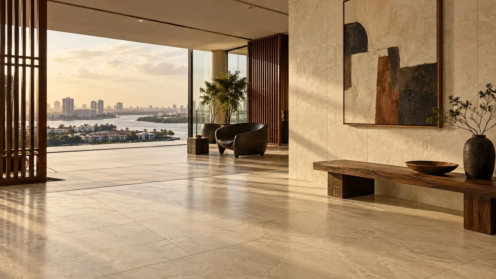 A warm, daylit Lagos residence where a large-format stone-look tiled wall and a polished tiled floor lead the eye, a lagoon and city skyline beyond the glazing