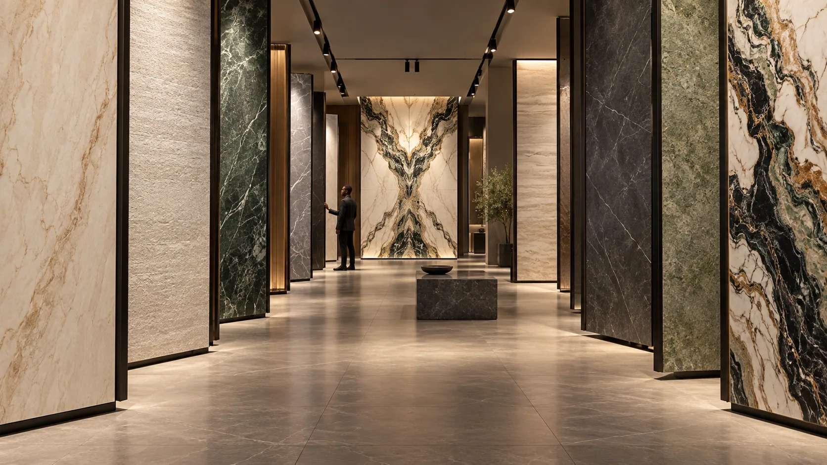 A corridor of full-height slabs standing in a daylit gallery