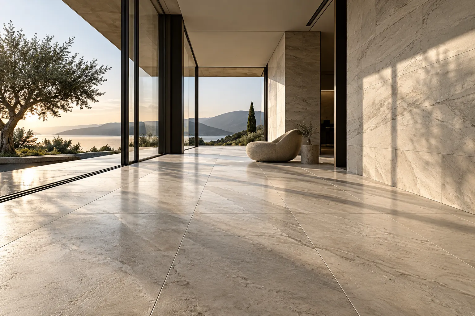 A calm stone-floored interior opening onto a terrace, an olive tree and hills by the sea