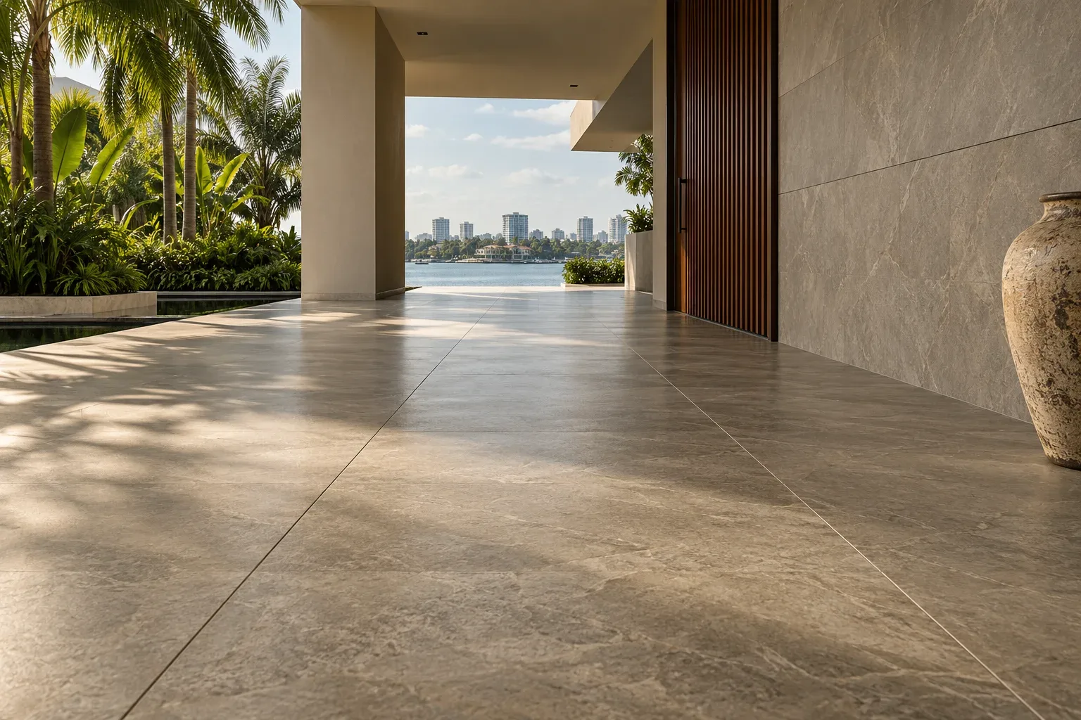 A warm, daylit room where a large-format stone-look floor runs toward full-height glazing and a bright exterior