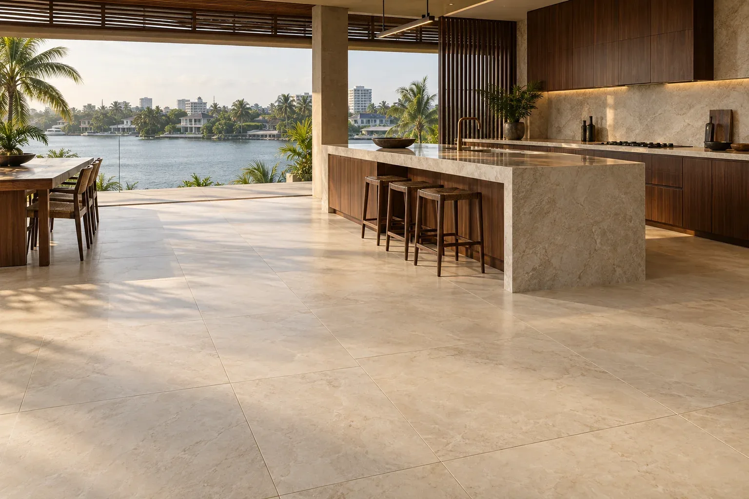 A warm, daylit kitchen with a continuous stone-look worktop and island over a large-format stone-look floor