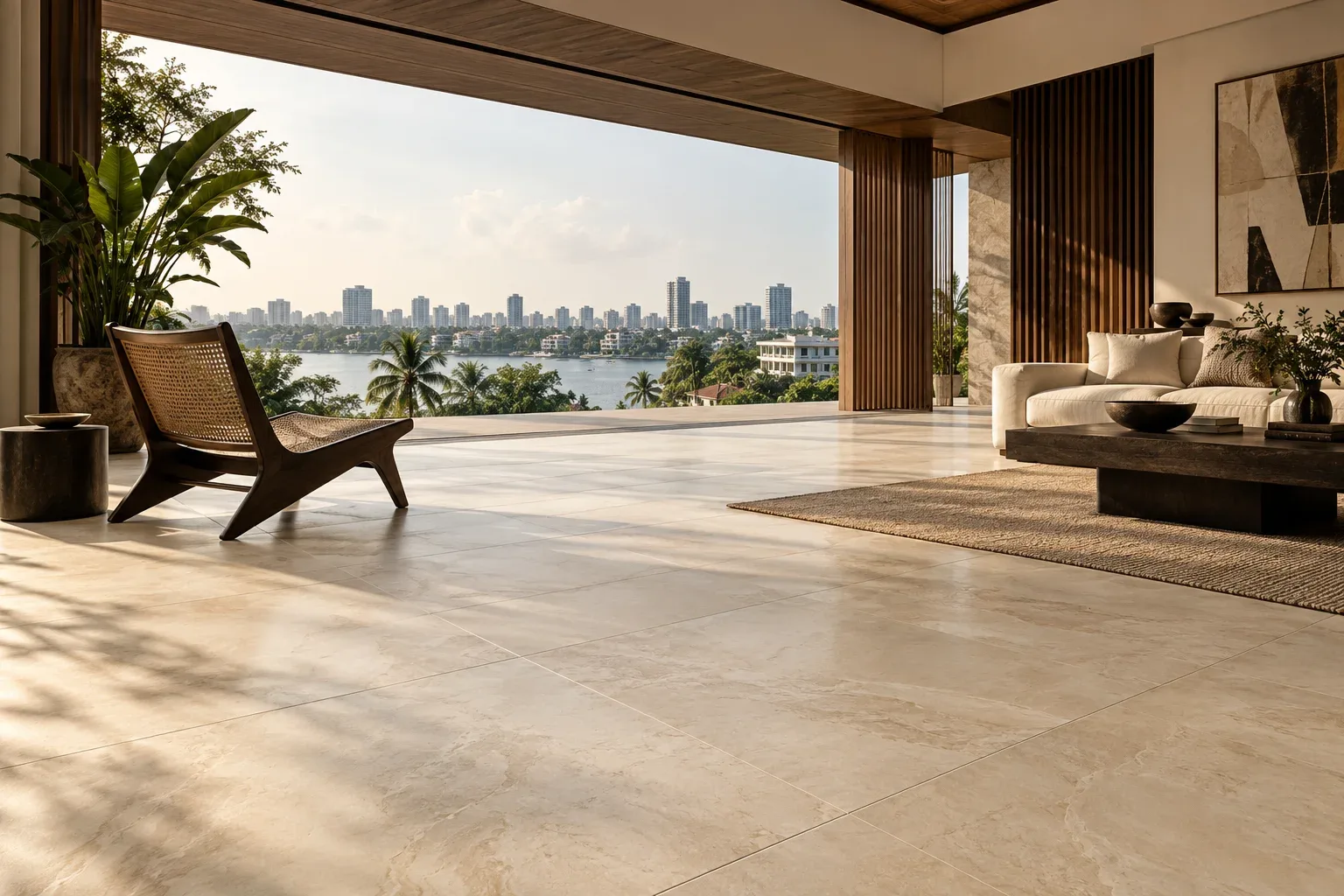A warm, daylit living room with a large-format stone-look floor leading to full-height glazing and tropical planting beyond