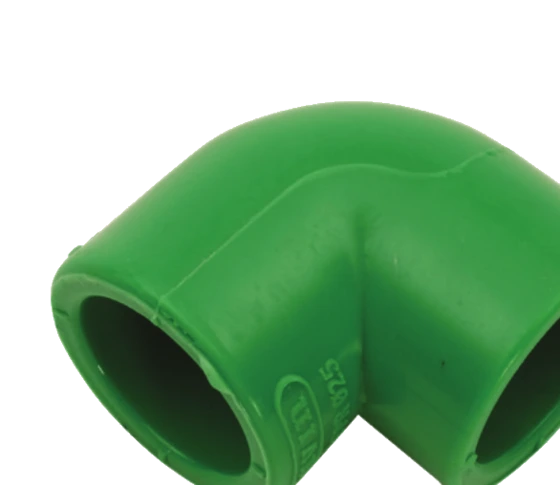 A green Wavin PP-R 90-degree elbow